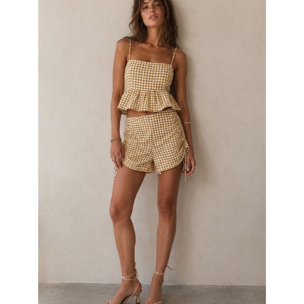 NWT Endless Blu Yellow Gingham Ruched Peplum Shorts & Crop Top Set Size Small